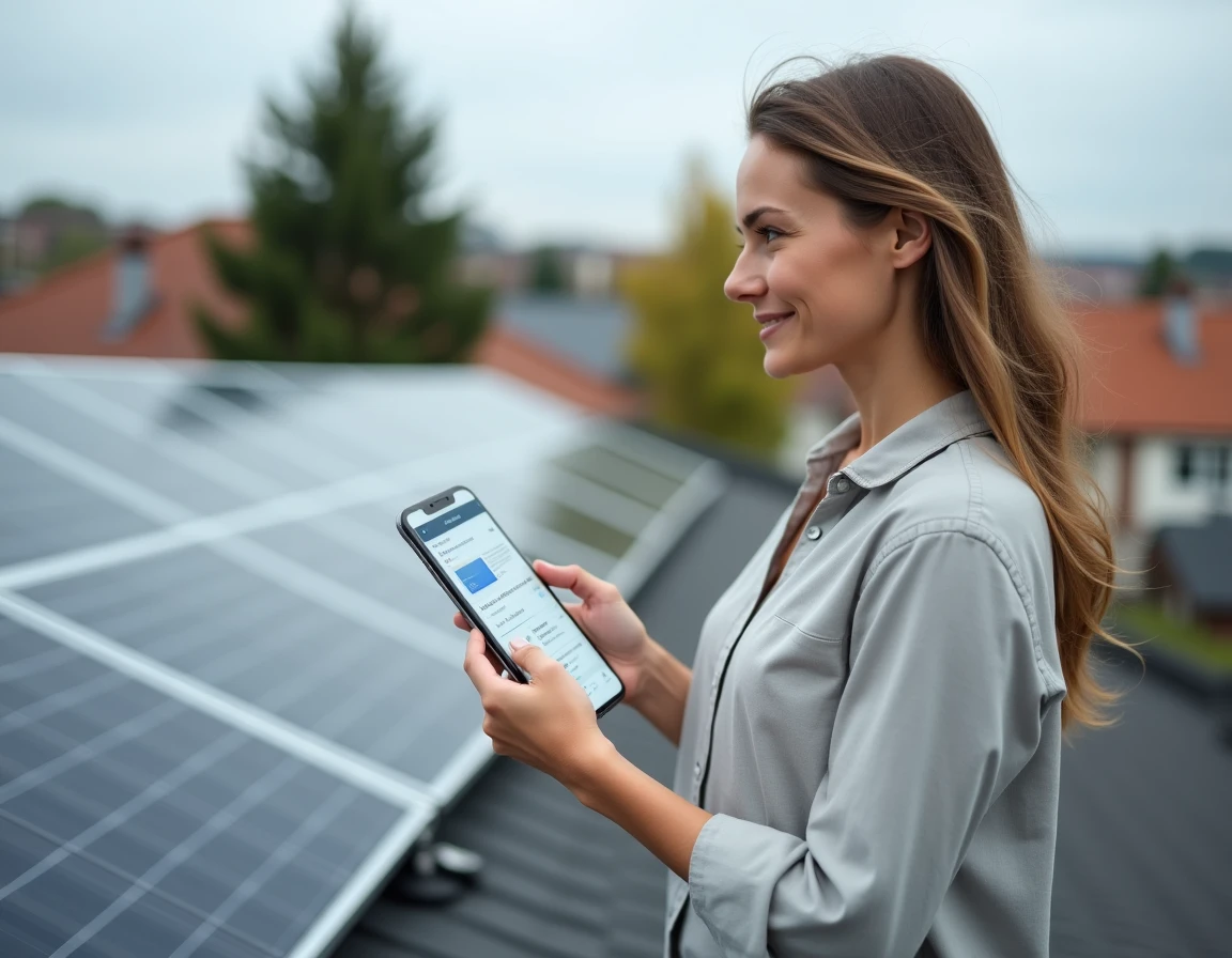 Femme vérifiant les données d'autoconsommation solaire sur son smartphone depuis une terrasse avec panneaux photovoltaïques