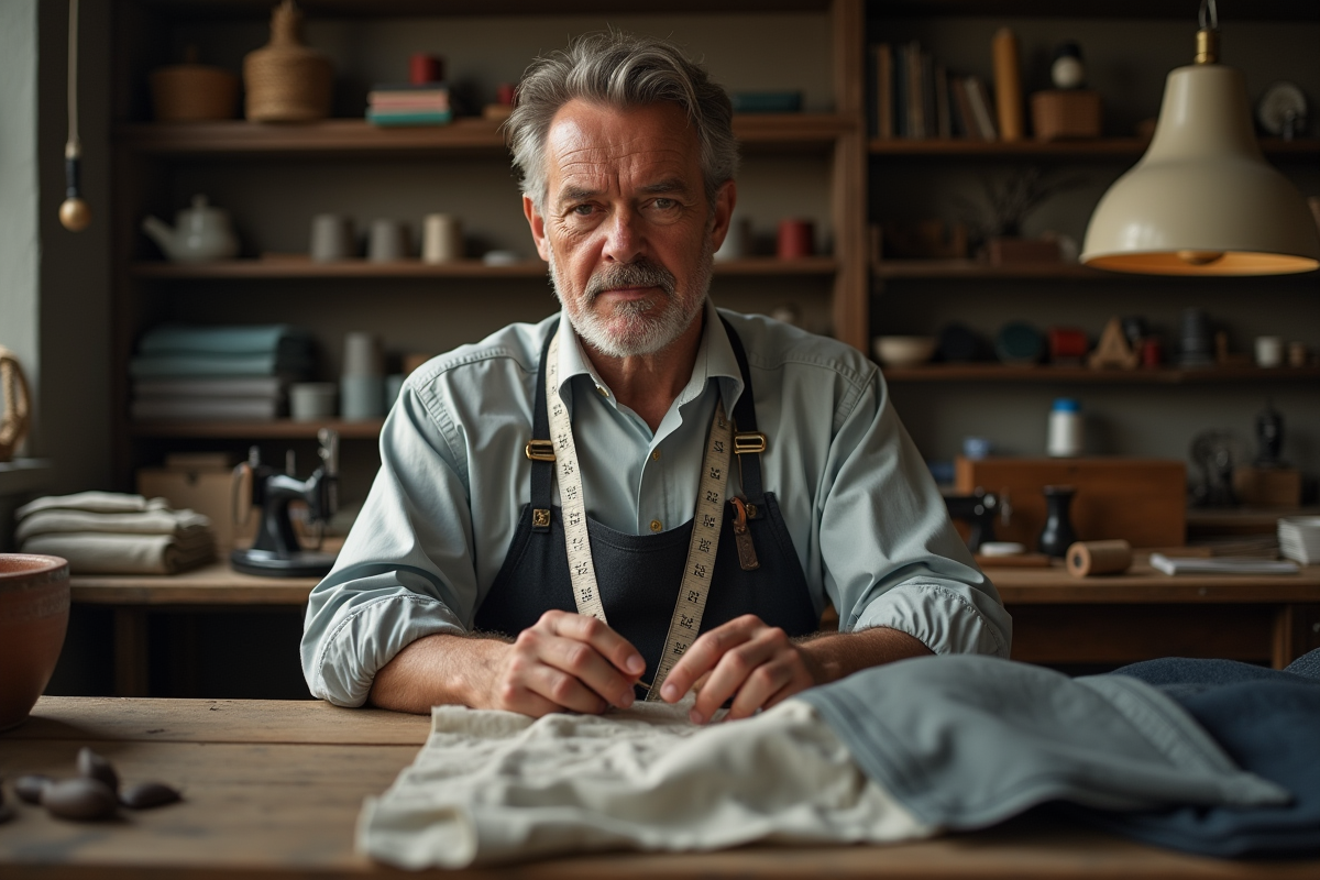 Tailleur homme inspectant un vêtement dans son atelier