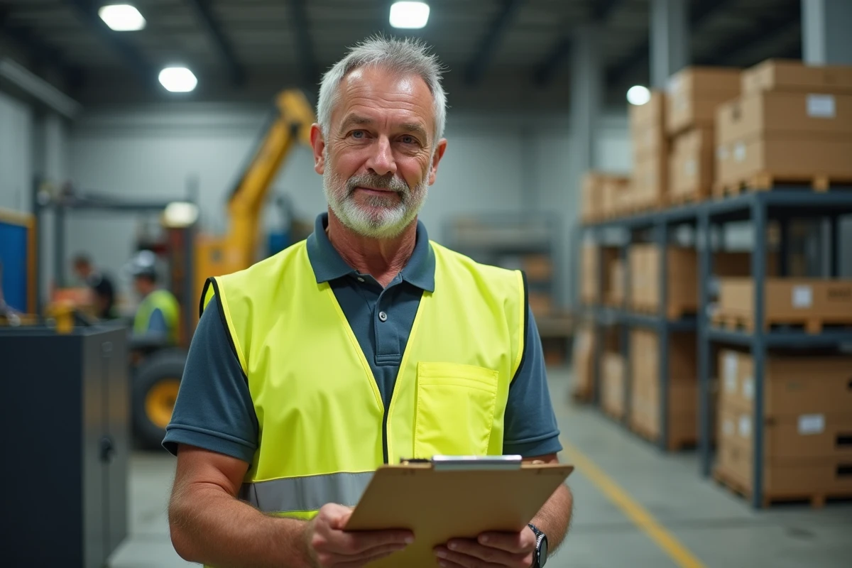 Technicien ou contremaître en atelier industriel tenant un clipboard, illustration d'une profession intermédiaire dans le secteur de la production