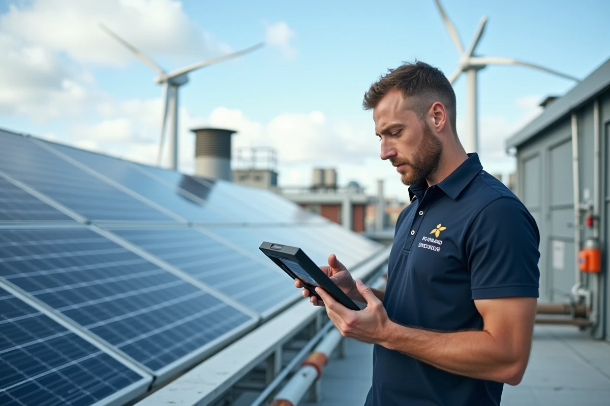 Technicien consultant un tableau de bord énergétique sur tablette en toiture équipée de panneaux solaires et éolienne urbaine