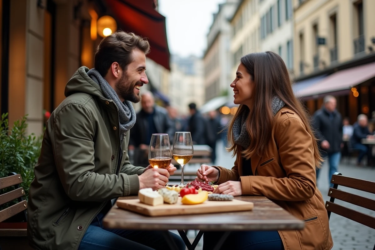 Couple partageant une planche de charcuterie en terrasse dans le quartier de la Croix-Rousse à Lyon