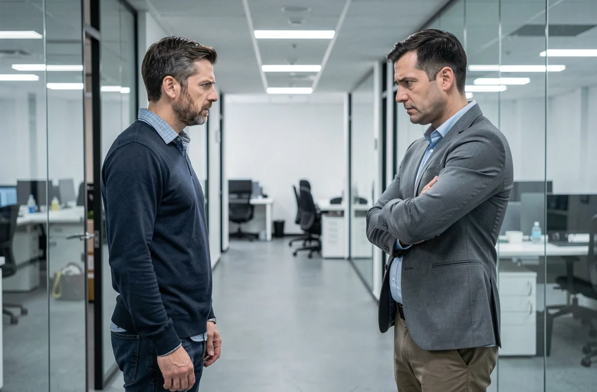 Deux collègues masculins en confrontation silencieuse dans un couloir de bureau, symbolisant la trahison professionnelle et la rupture de confiance