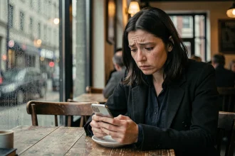 Femme trahie seule dans un café regardant son téléphone avec une expression dévastée, illustrant la trahison et la douleur silencieuse