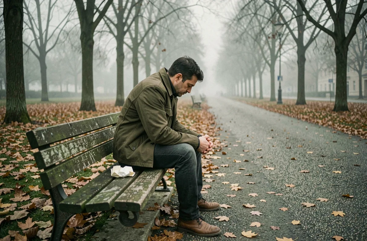 Homme seul sur un banc de parc en automne tenant une lettre froissée, évoquant la trahison, la solitude et la douleur indicible