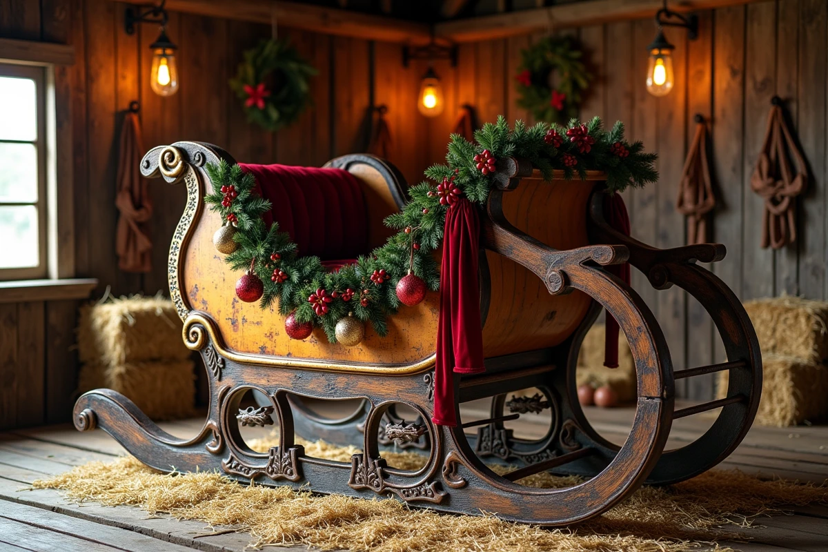 Traîneau en bois sculpté décoré de rubans de velours rouge dans une grange rustique pour Noël