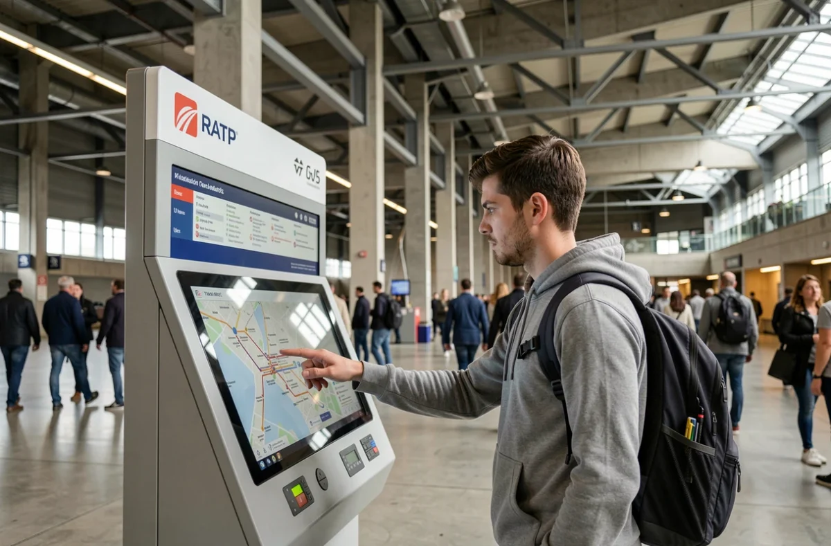 Usager des transports parisiens utilisant une borne RATP interactive dans une grande station de correspondance