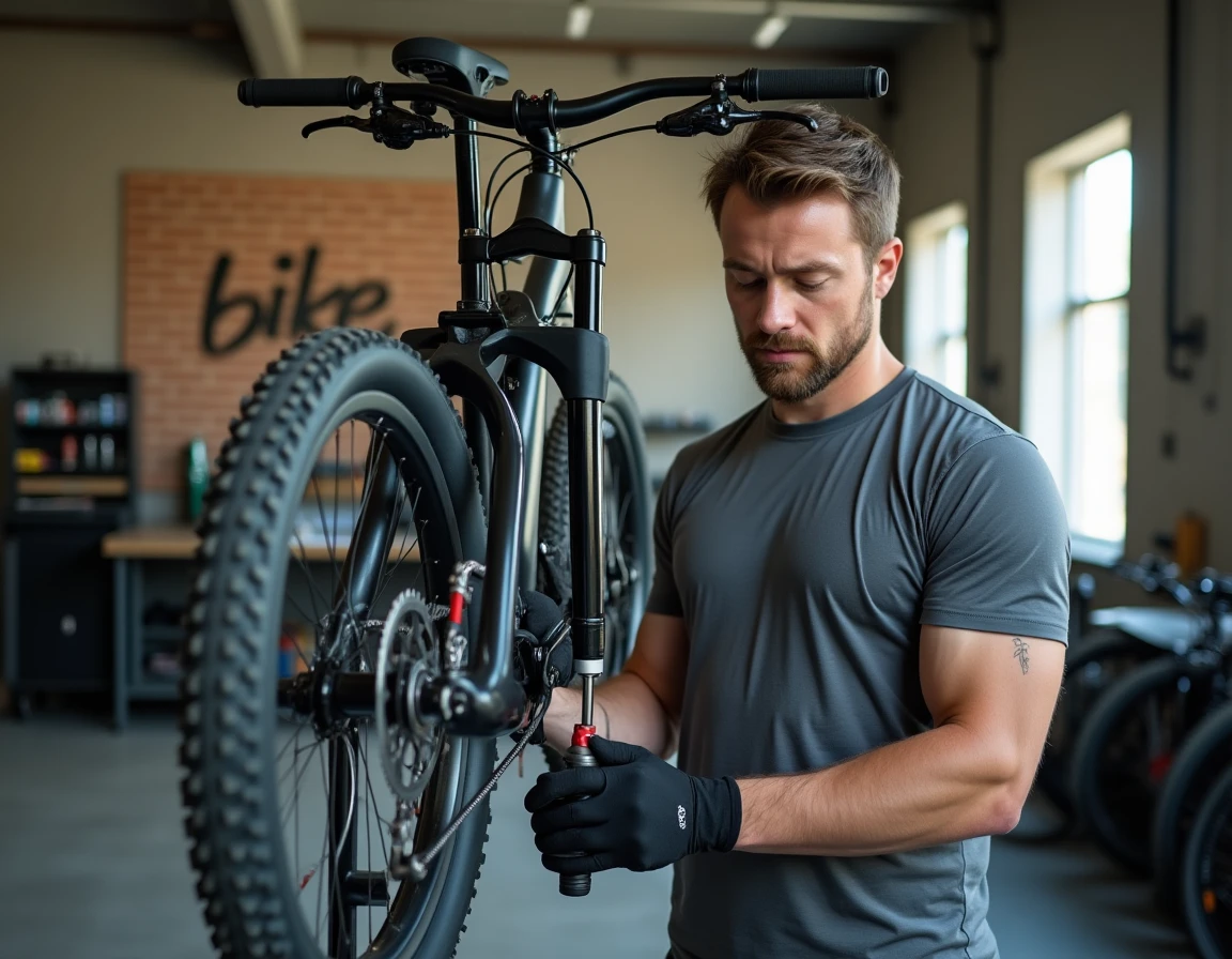 Mécanicien de Vélo et Oxygène utilisant une clé dynamométrique sur un vélo de montagne dans l'atelier de Metz