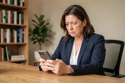 Femme vérifiant un numéro de téléphone inconnu sur son smartphone dans un bureau à domicile