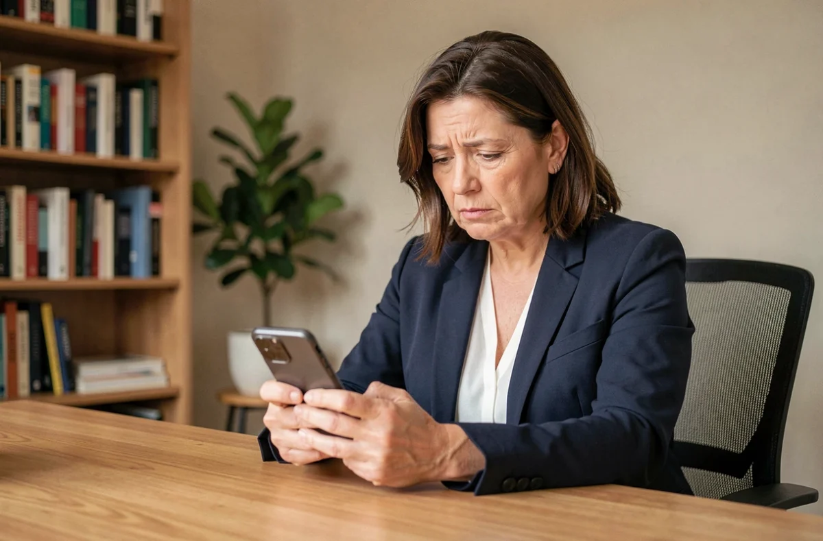 Femme vérifiant un numéro de téléphone inconnu sur son smartphone dans un bureau à domicile