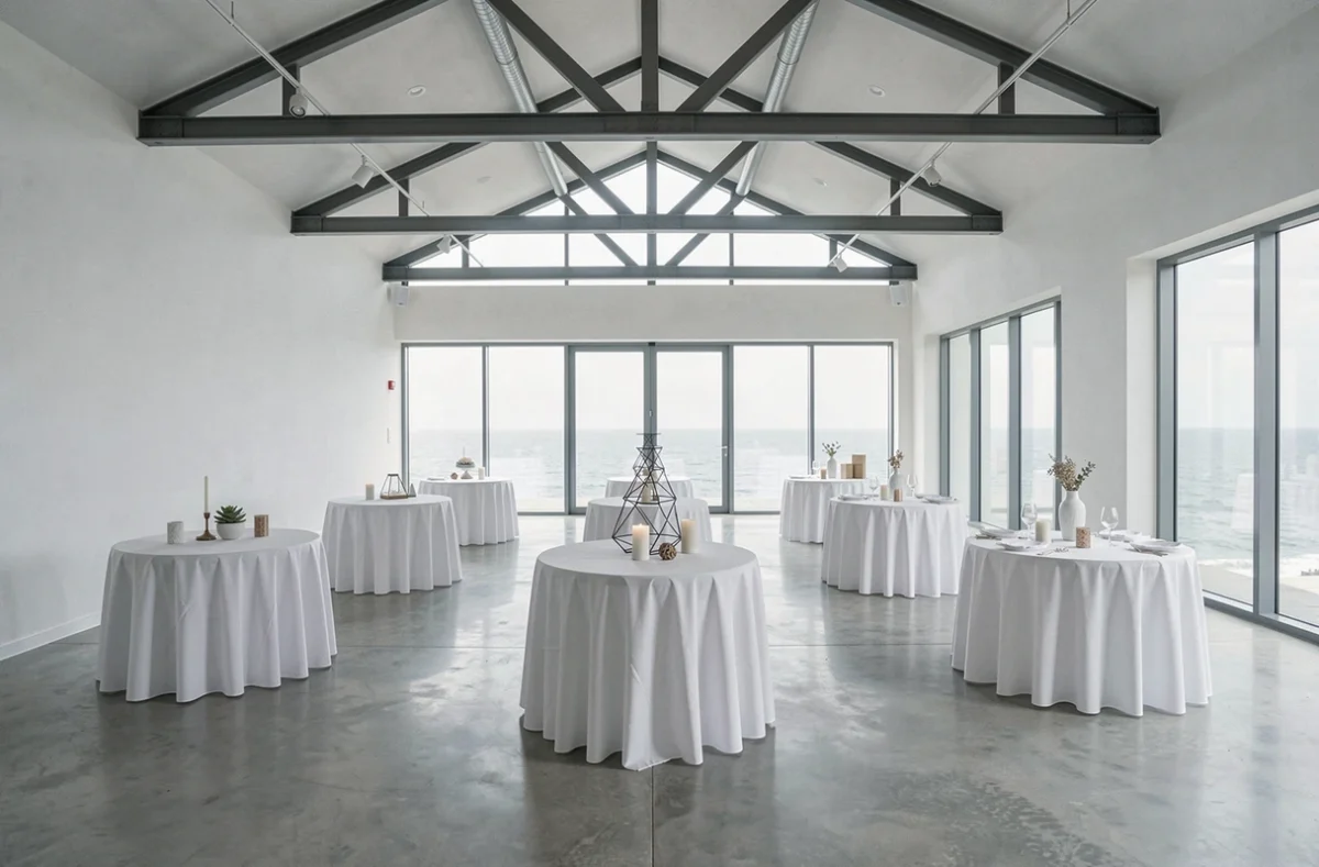 Villa Blanche à Dunkerque, salle de réception moderne avec vue sur la mer et décoration épurée