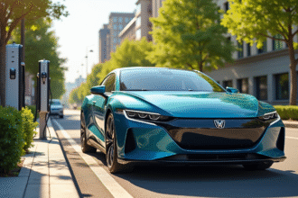 Voiture hybride moderne en charge dans une ville ensoleillee