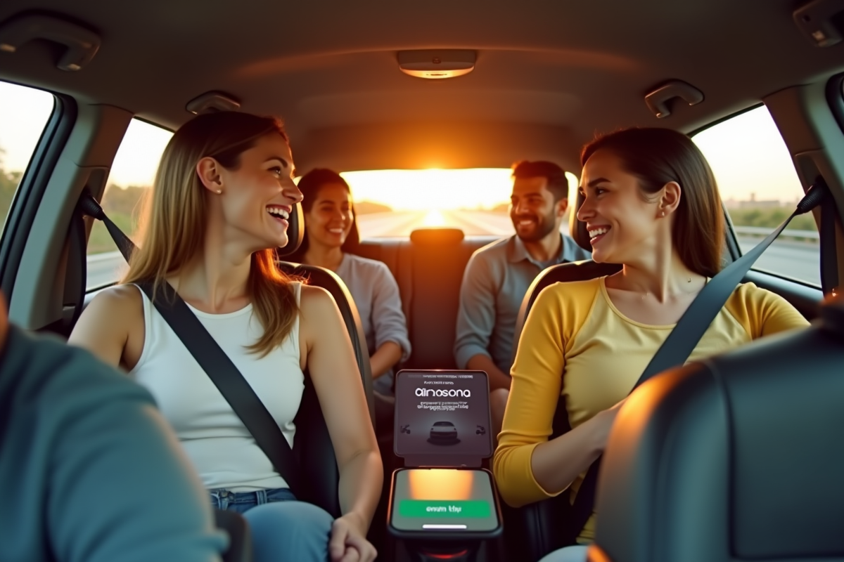 Quatre adultes souriants dans une voiture moderne en voyage