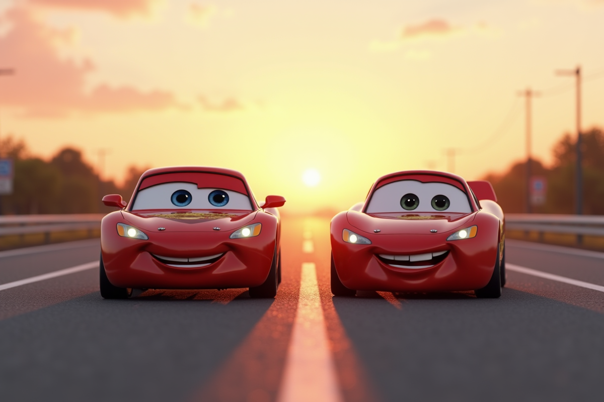 Deux voitures animées discutant au lever du soleil sur une route vide