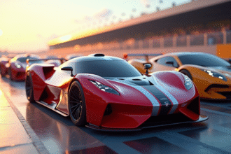 Voitures de course futuristes colorées sur circuit en plein soleil