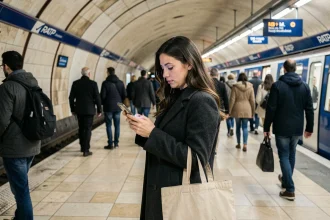 Voyageuse consultant l'application RATP en temps réel sur le quai du métro parisien